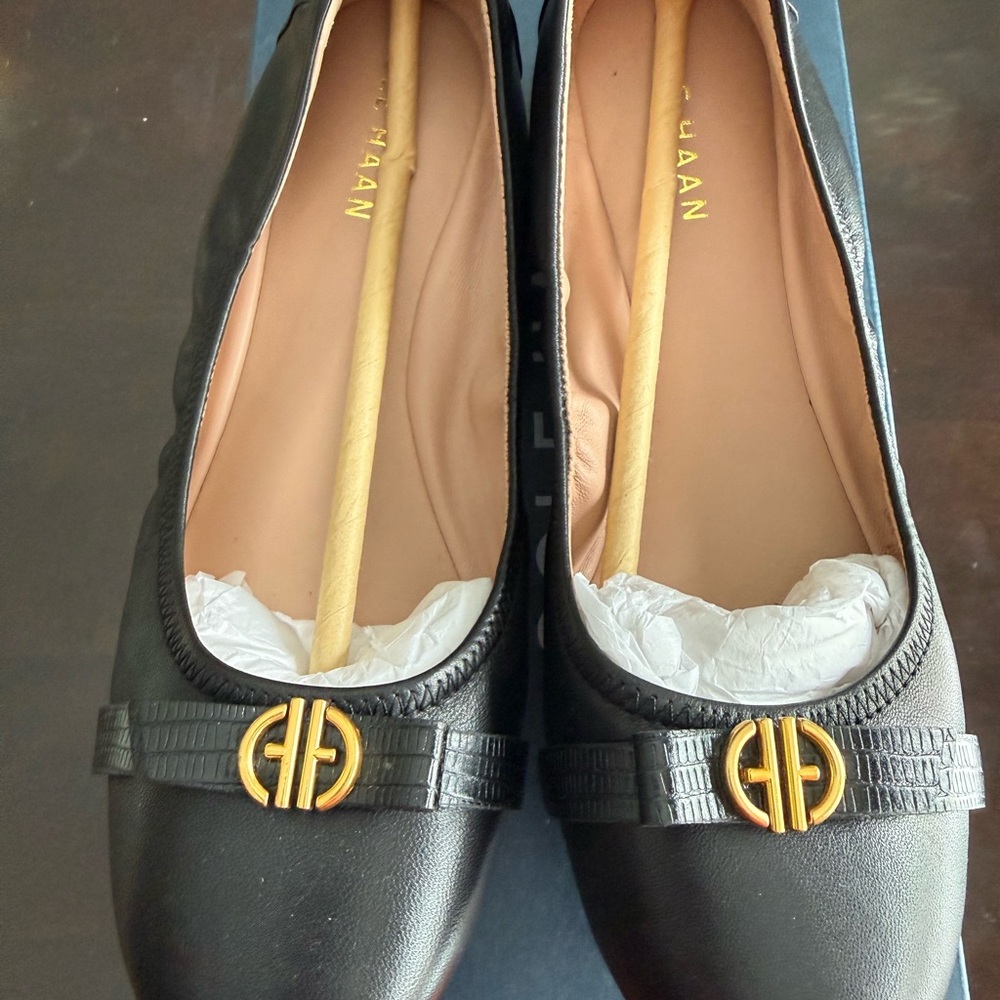 Cole Haan Black Leather Flats with Gold Accent